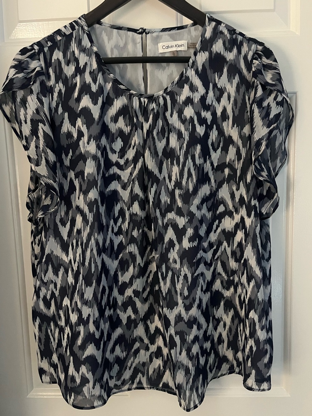 Calvin Klein Navy & White Abstract Print Flutter Sleeve Blouse Size XL